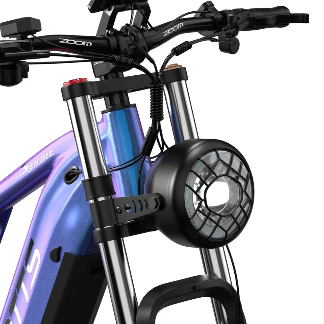 Electric Bike Duotts E26, vibrant frame with modern design, mounted front light for visibility.