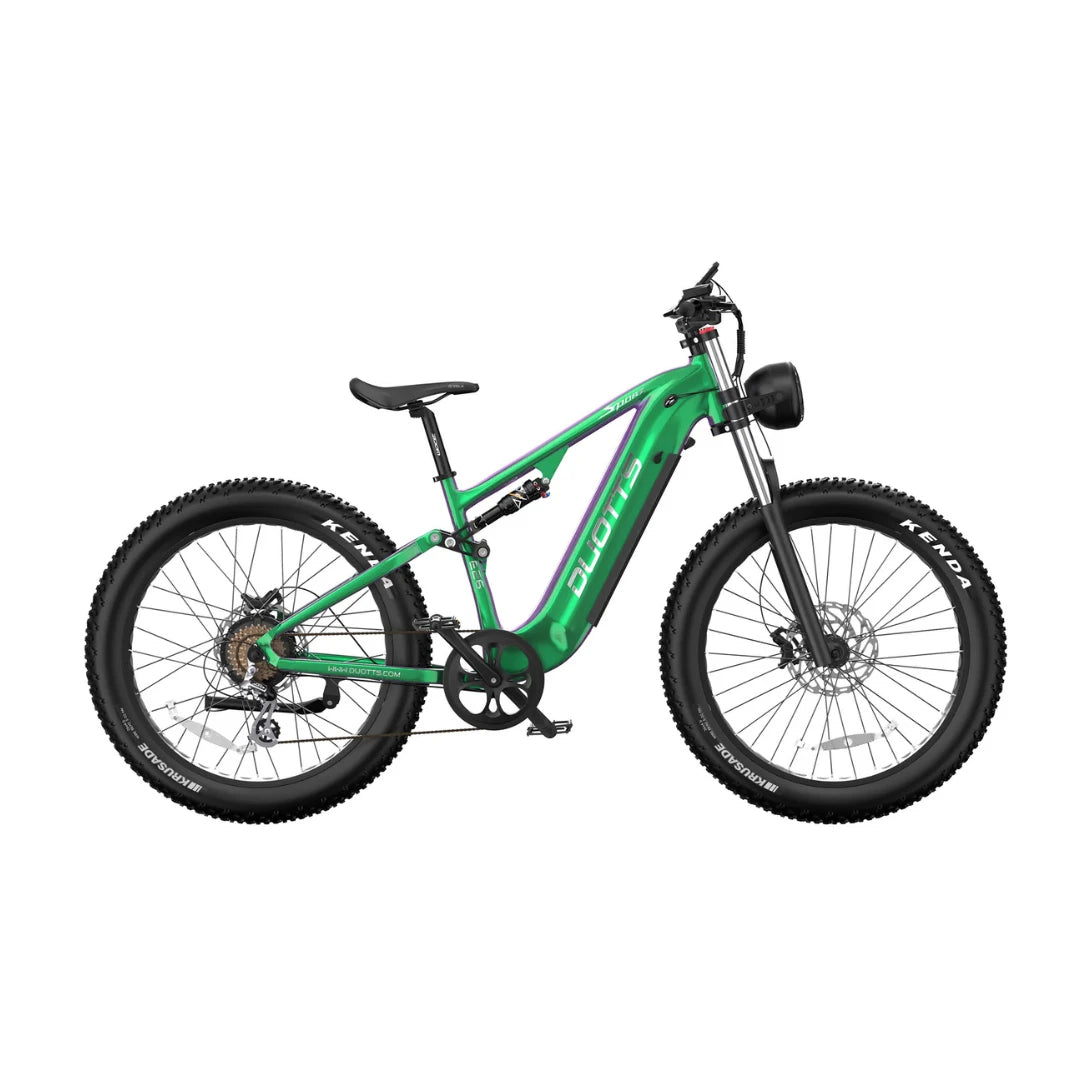 Electric Bike Duotts E26 features a vibrant green frame, wide tires, and a powerful front motor for smooth rides.