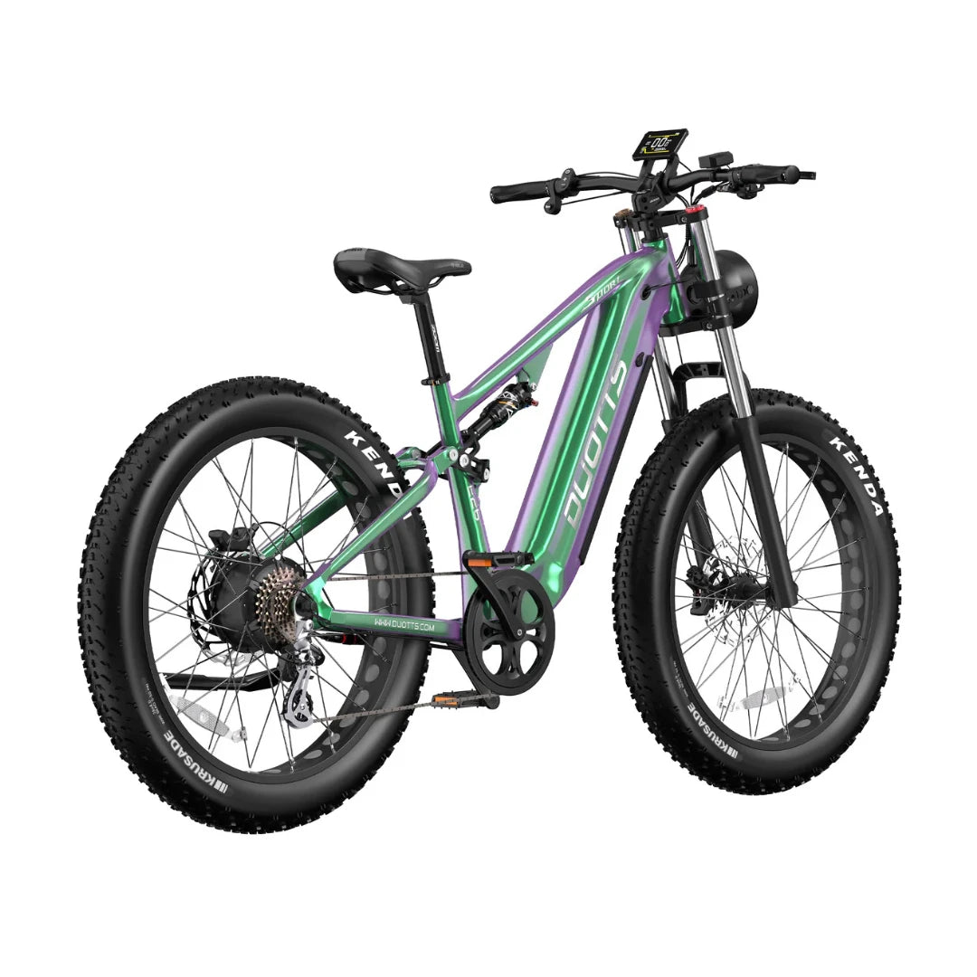 Electric Bike Duotts E26, vibrant green and purple frame, large fat tires, front suspension, modern display.