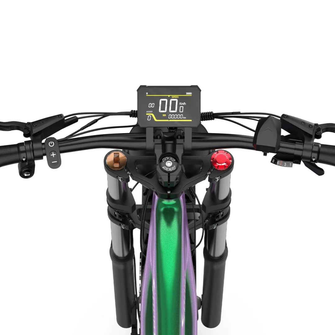 Electric Bike Duotts E26, detailed view of the handlebar with digital display, controls, and vibrant frame.