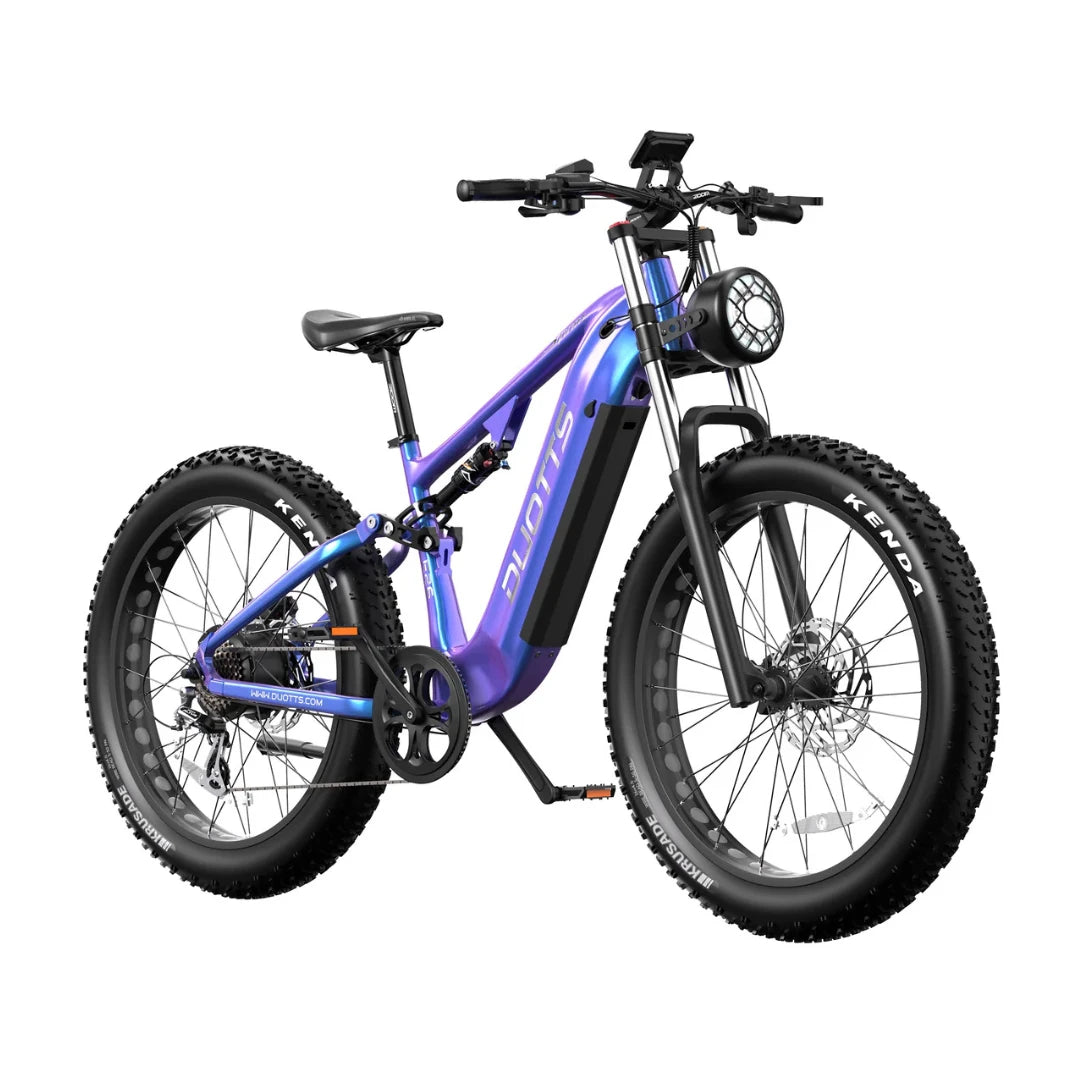 Electric Bike Duotts E26, vibrant blue design, fat tires, front light, and battery integrated frame.