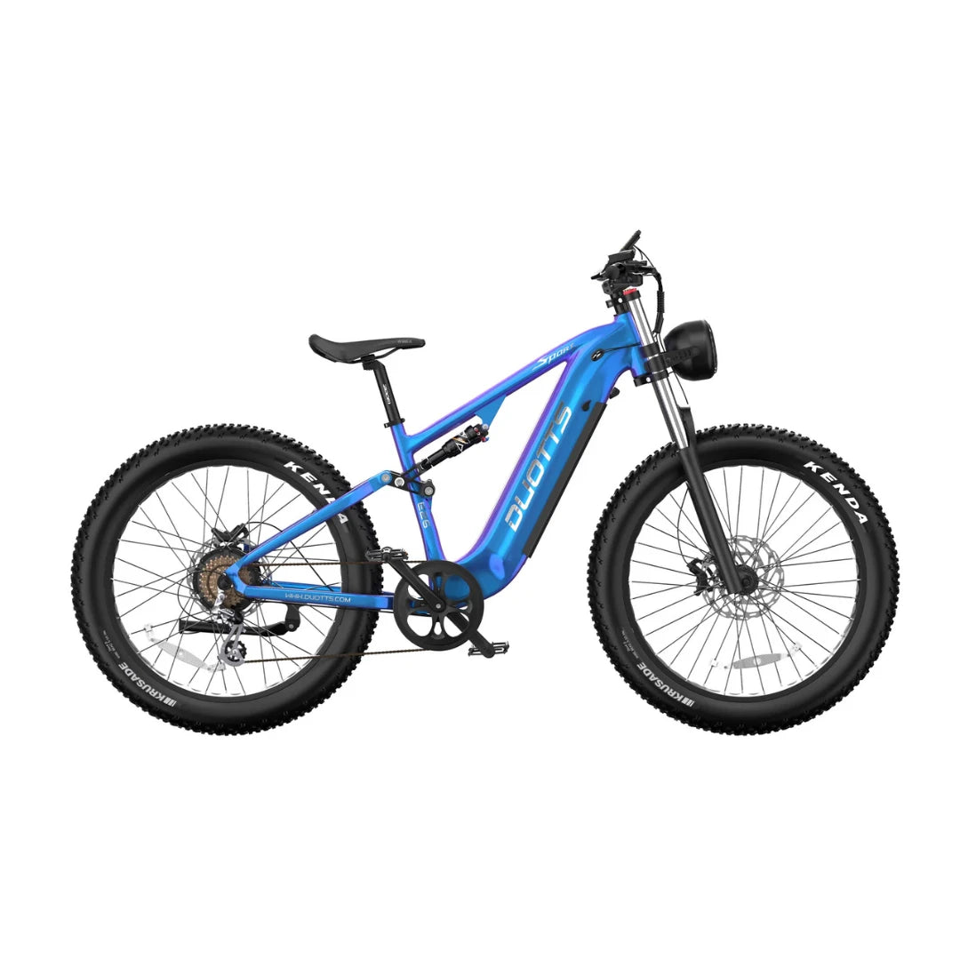 Electric Bike Duotts E26, vibrant blue, robust frame, wide tires, front suspension, features electric motor.