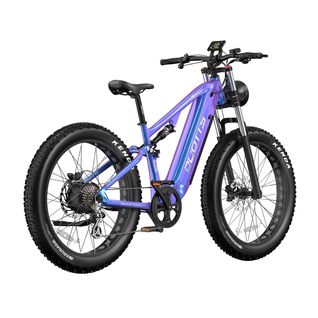 Electric Bike Duotts E26, vibrant purple frame, fat tires for stability, modern design, robust and stylish.