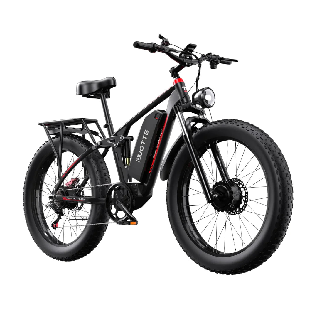 Electric Bike Duotts S26 features a sleek black design, fat tires, adjustable seat, and built-in headlight.