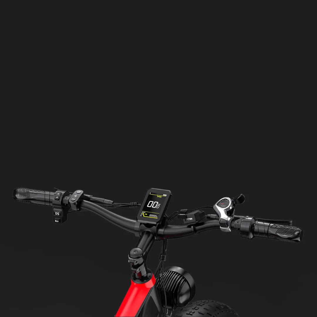 Electric Bike Duotts S26 features a sleek handlebar with a digital display, throttle control, and braking system.