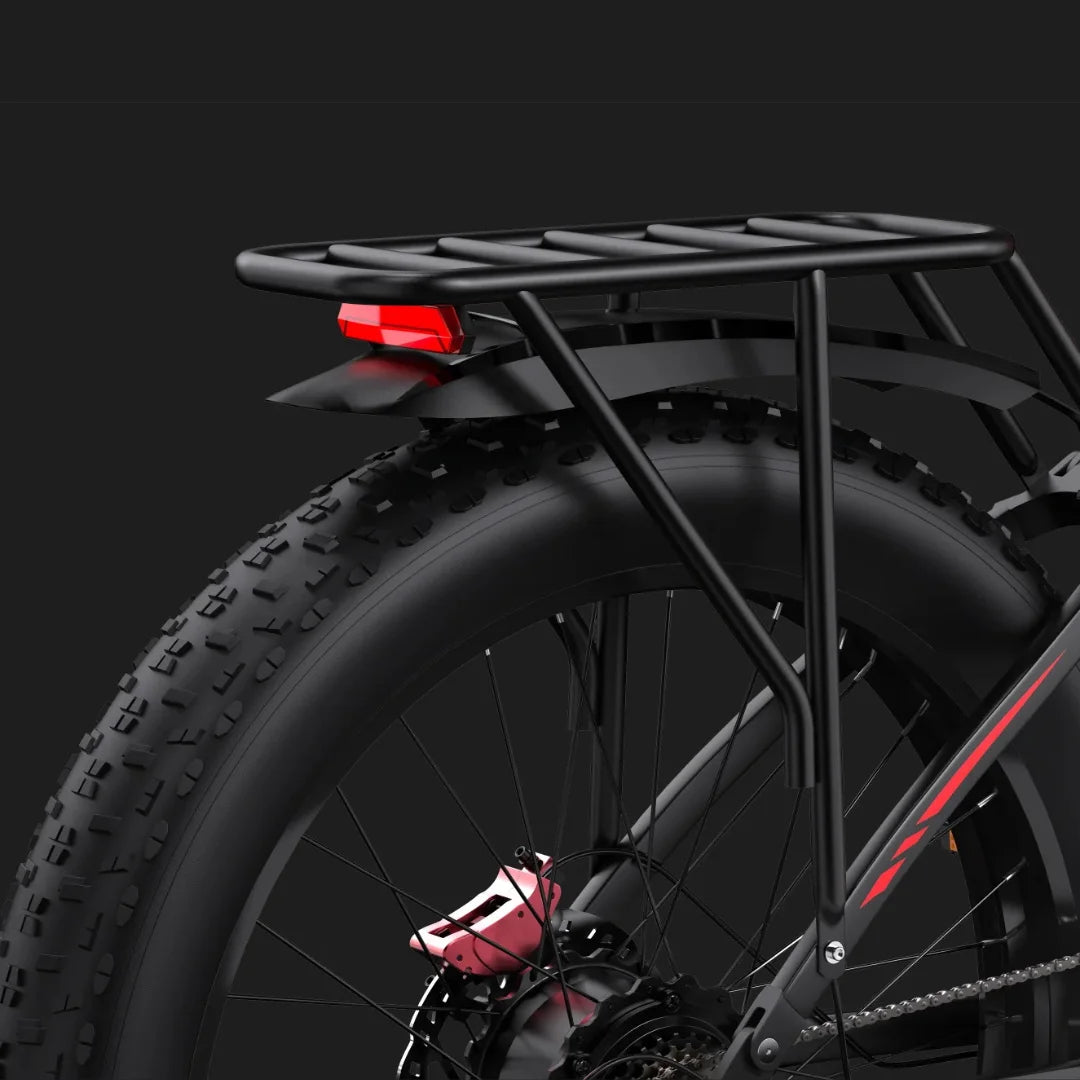 Electric Bike Duotts S26, features a sturdy rear rack, rugged thick tire, and a distinct red reflector.