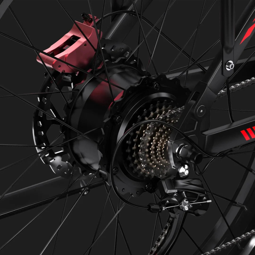 Electric Bike Duotts S26 features a powerful rear hub motor, showcasing durable components and sleek design.