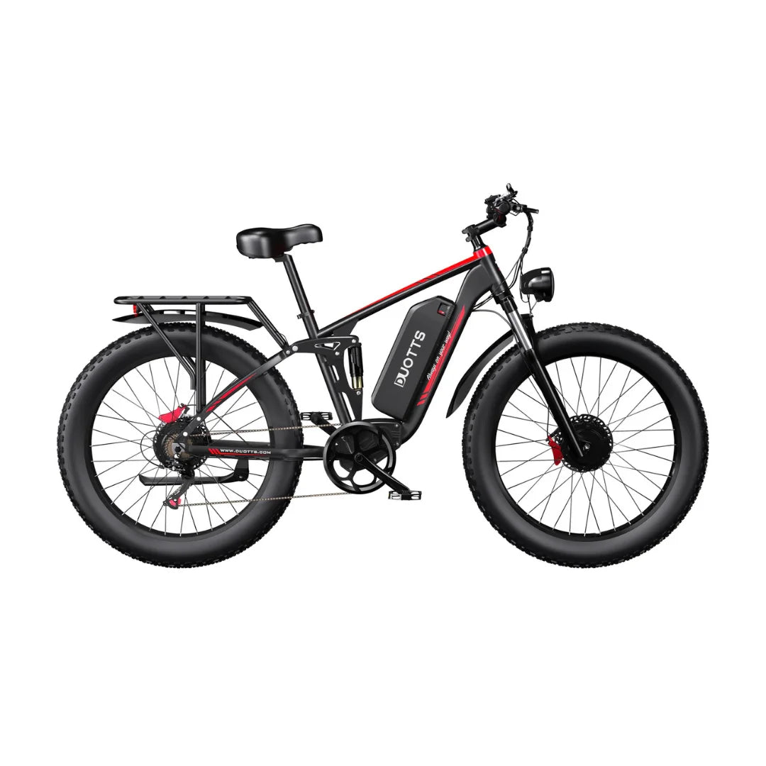 Electric Bike Duotts S26 features a sleek black and red design, fat tires, robust frame, and battery.