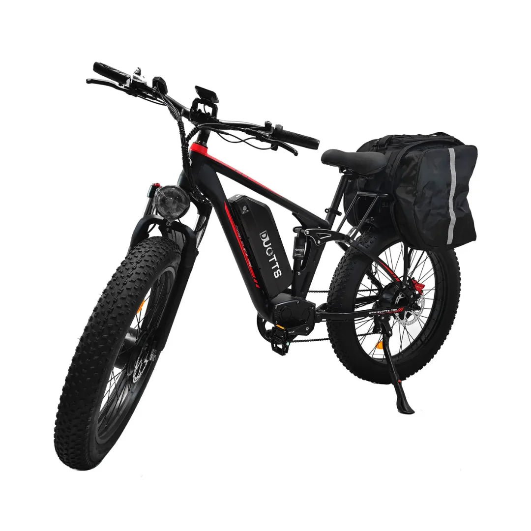 Electric Bike Duotts S26 features a robust design, fat tires, electric motor, and carry bag for convenience.