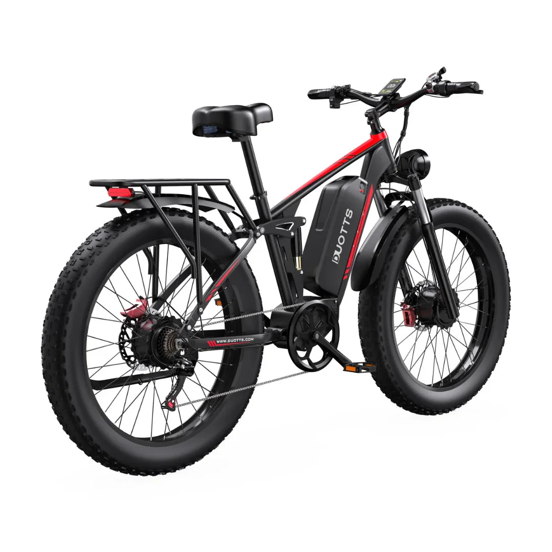 Electric Bike Duotts S26 features a robust frame, fat tires, removable battery, and rear cargo rack for versatility.