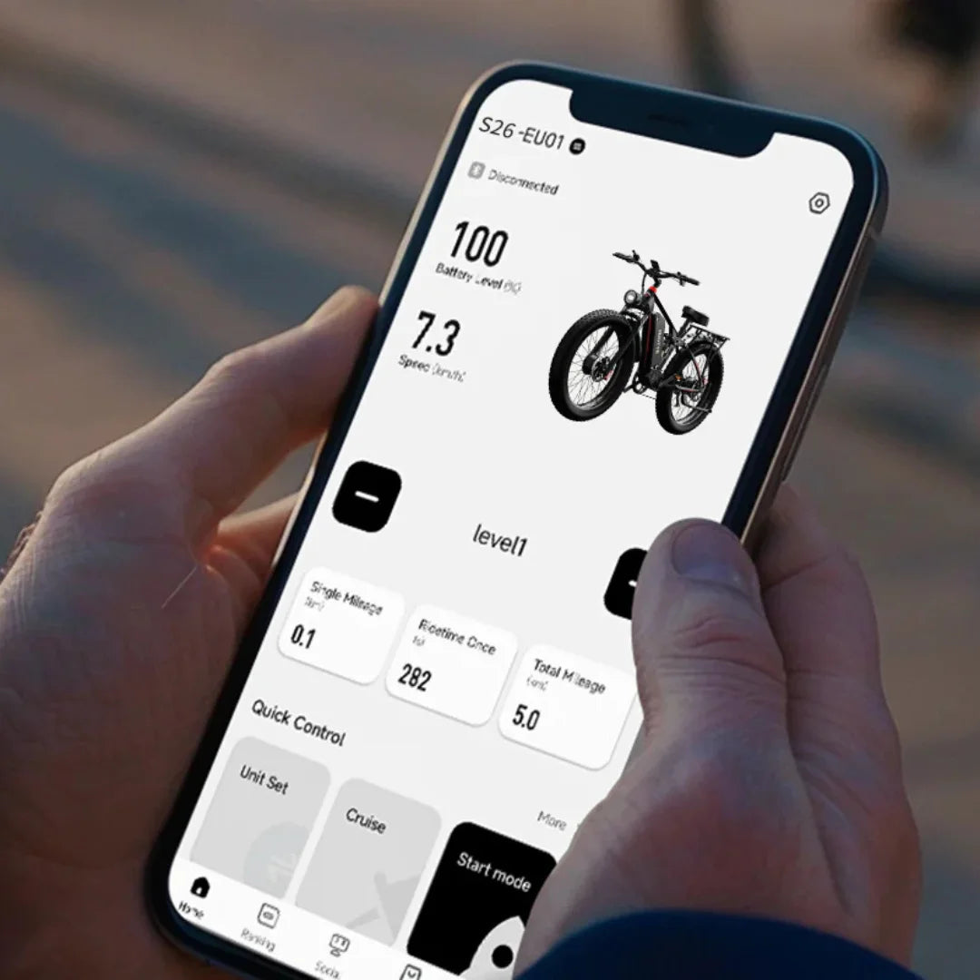 Electric Bike Duotts S26, sleek mobile interface displaying battery status, specs, and controls for users.