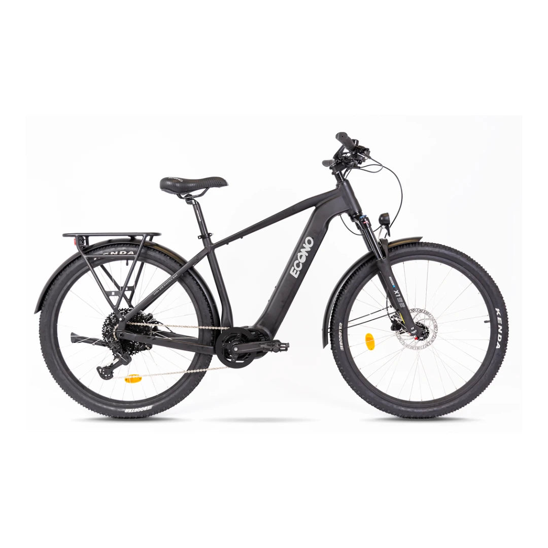 Electric Bike Econo Gams Suv C6, sleek black design, robust frame, front suspension, versatile off-road tires.