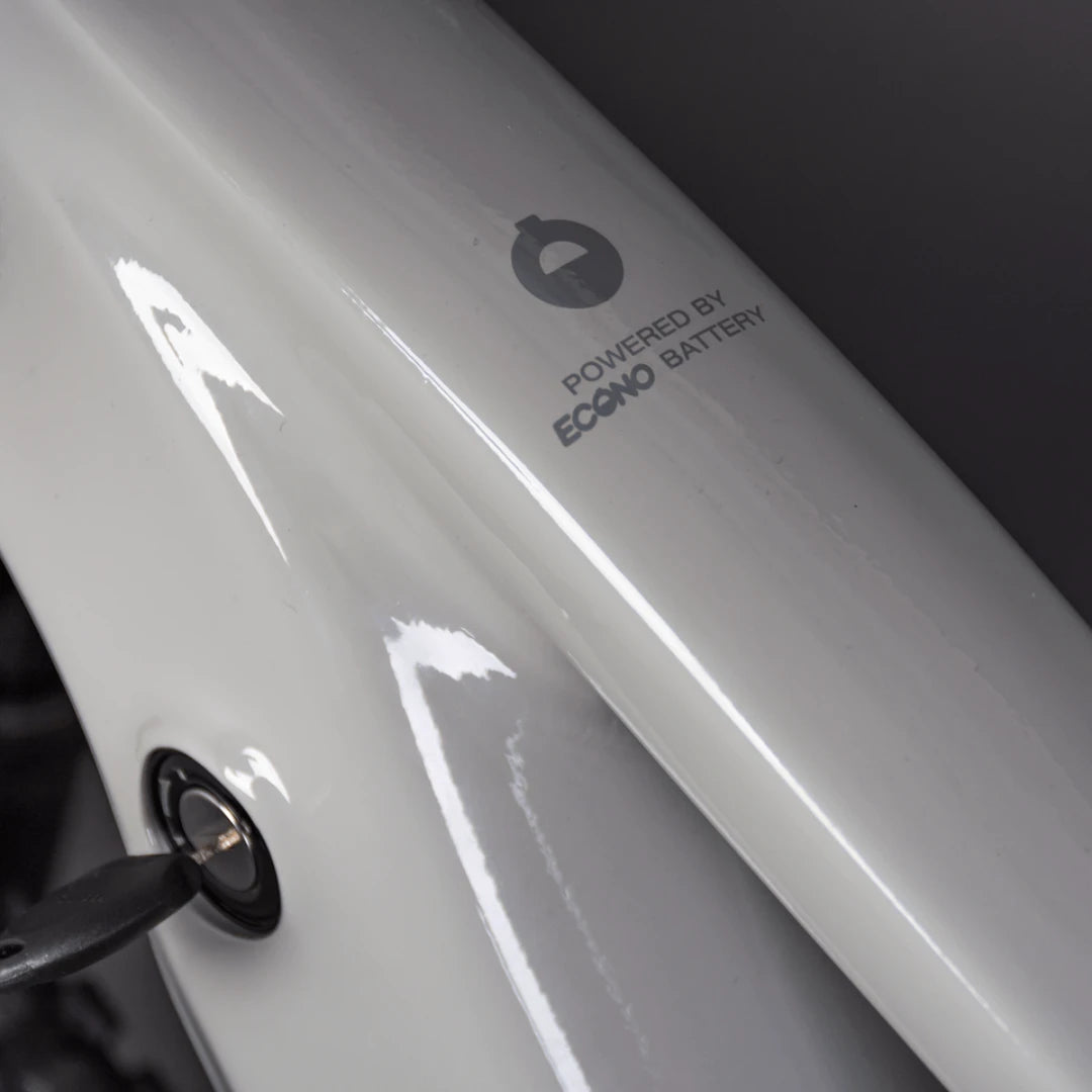 Mountain Electric Bike Econo Pantera C8 140, sleek frame detail, Econo battery branding, key ignition slot.