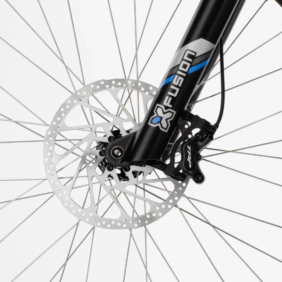 Mountain Electric Bike Econo Pantera C8 140, close-up of front wheel with brake disc and fork details.