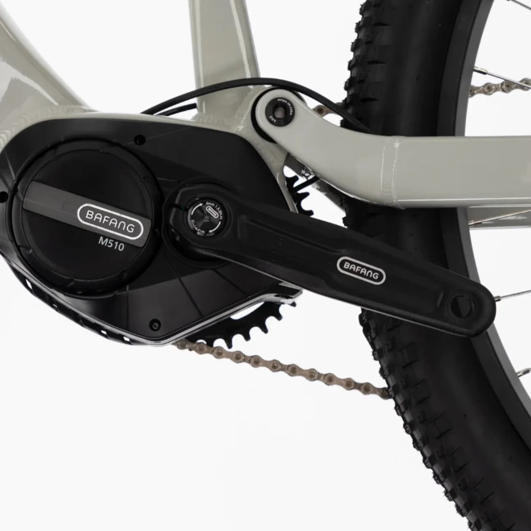 Mountain Electric Bike Econo Pantera C8 140, featuring a Bafang M510 motor, crankset, and chain setup.