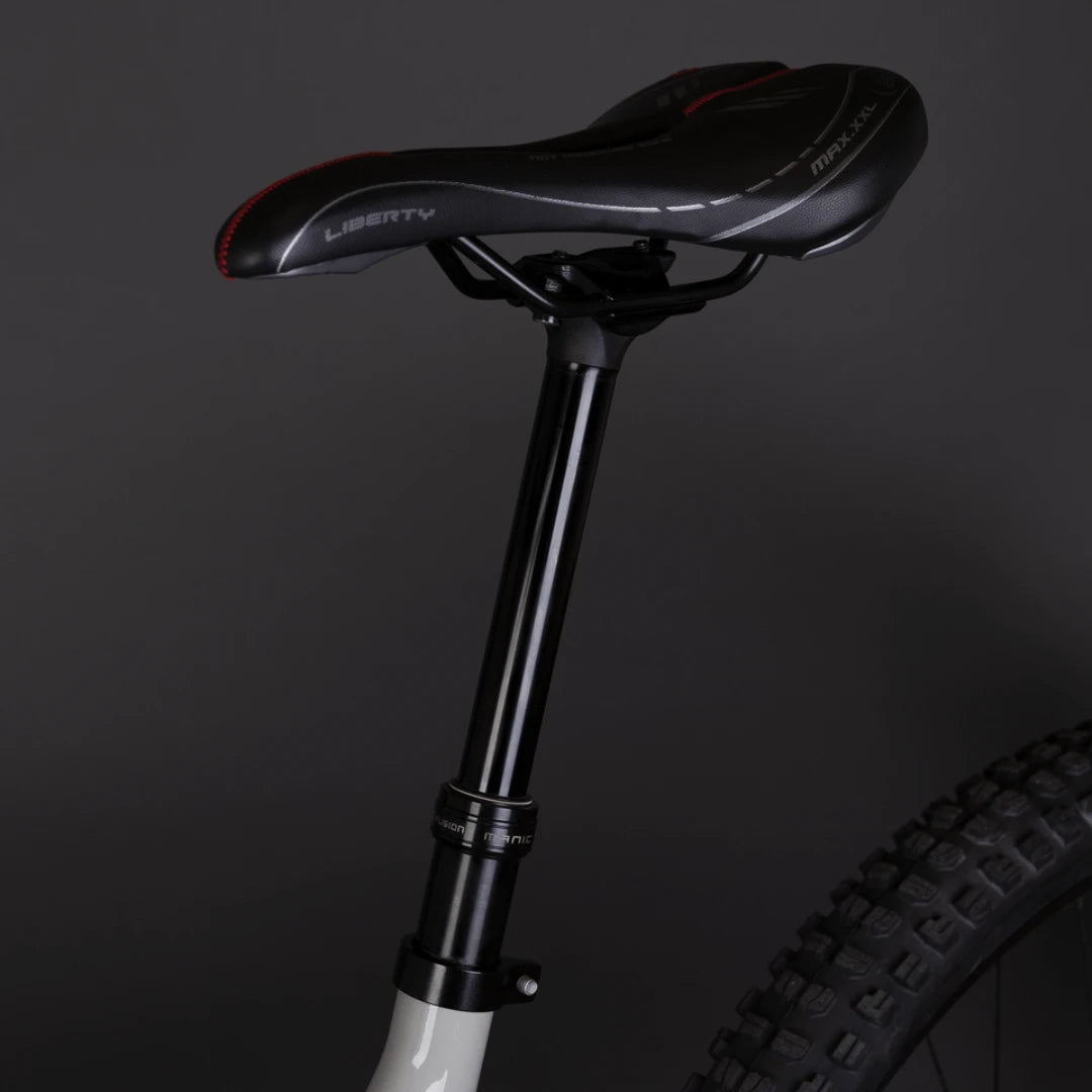 Mountain Electric Bike Econo Pantera C8 140, featuring a sleek black saddle and sturdy seat post.