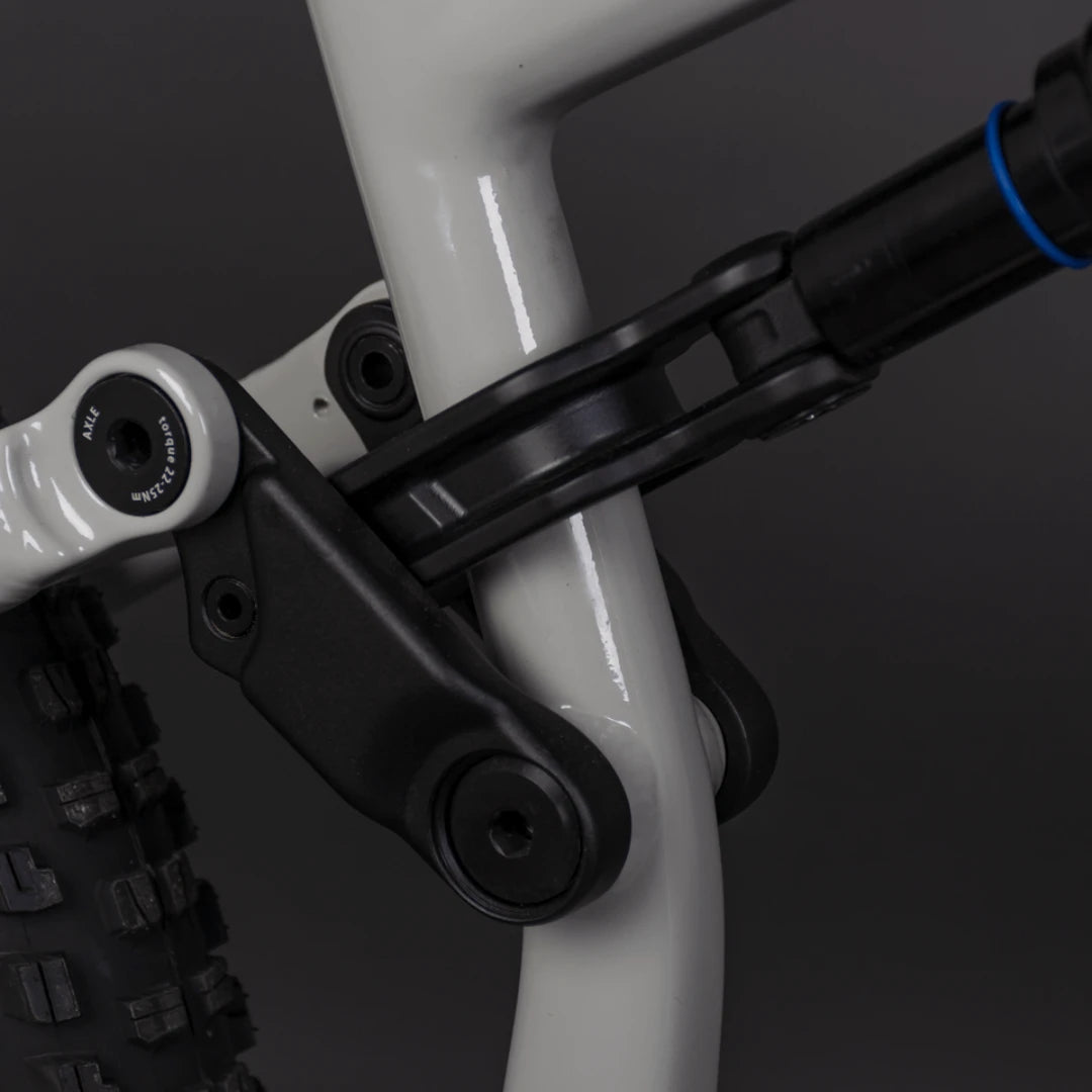 Mountain Electric Bike Econo Pantera C8 140, close-up of bike frame's suspension and connection details.