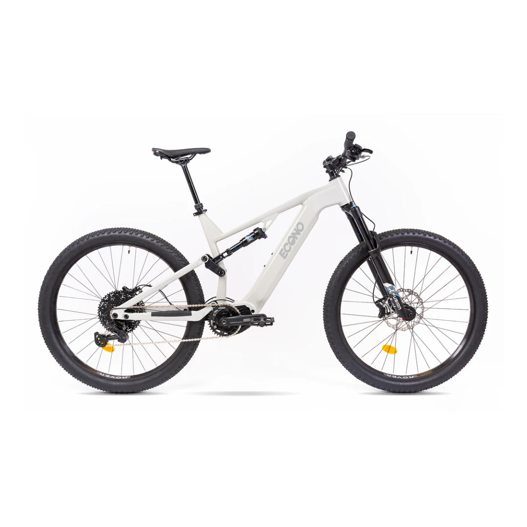 Mountain Electric Bike Econo Pantera C8 140, sleek white frame, front suspension, rugged tires, disc brakes.