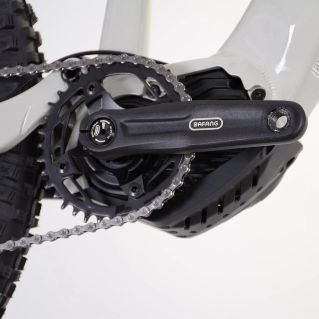 Mountain Electric Bike Econo Pantera C9 160, close-up of the Bafang crankset and motor assembly.