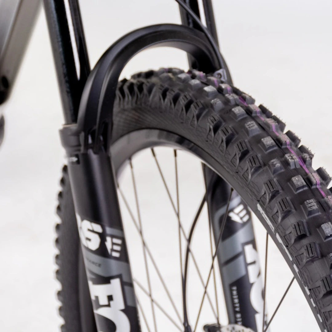 Mountain Electric Bike Econo Pantera C9 160, features a sturdy front fork and robust treaded tire.