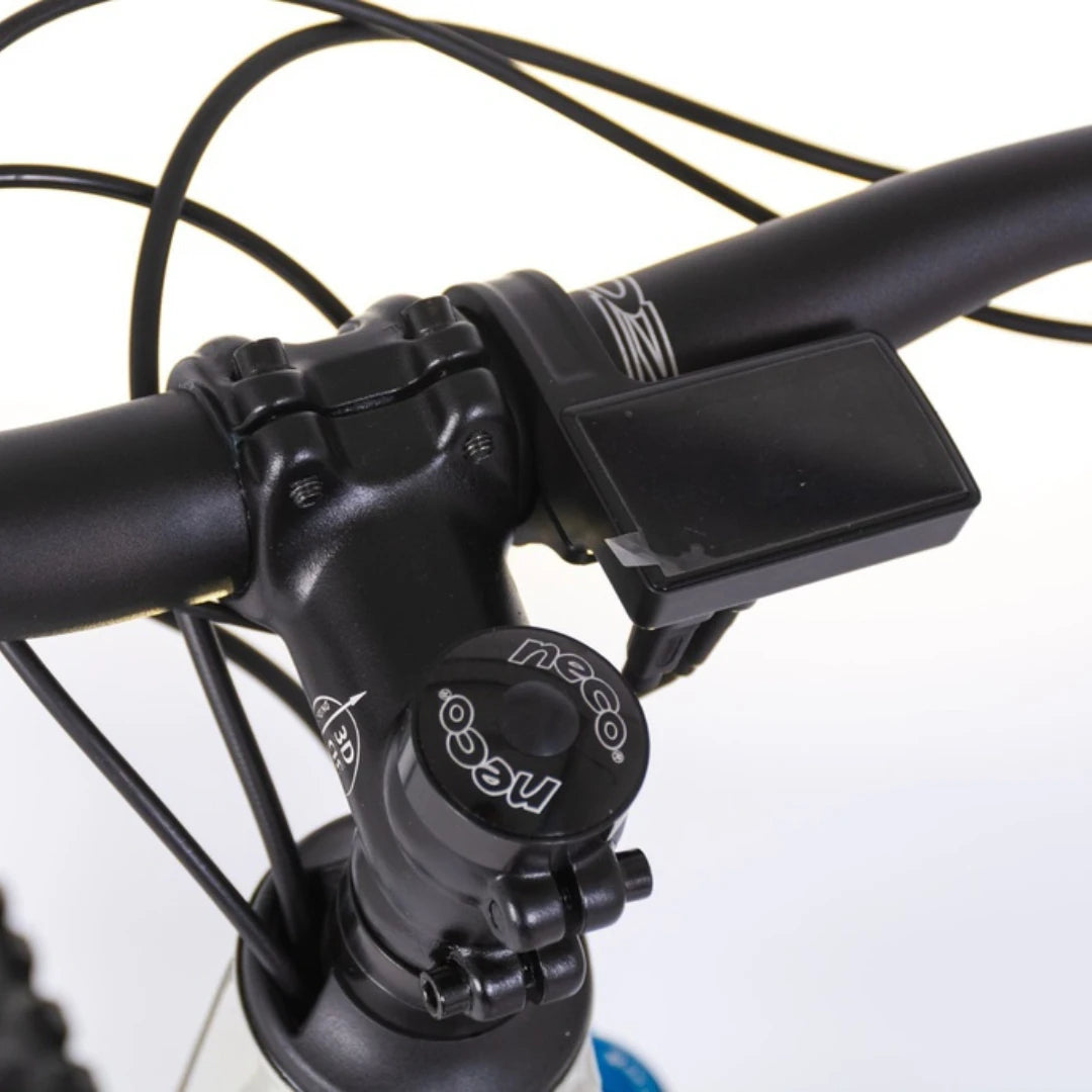 Mountain Electric Bike Econo Pantera C9 160, close-up of handlebars with display and Neco components.