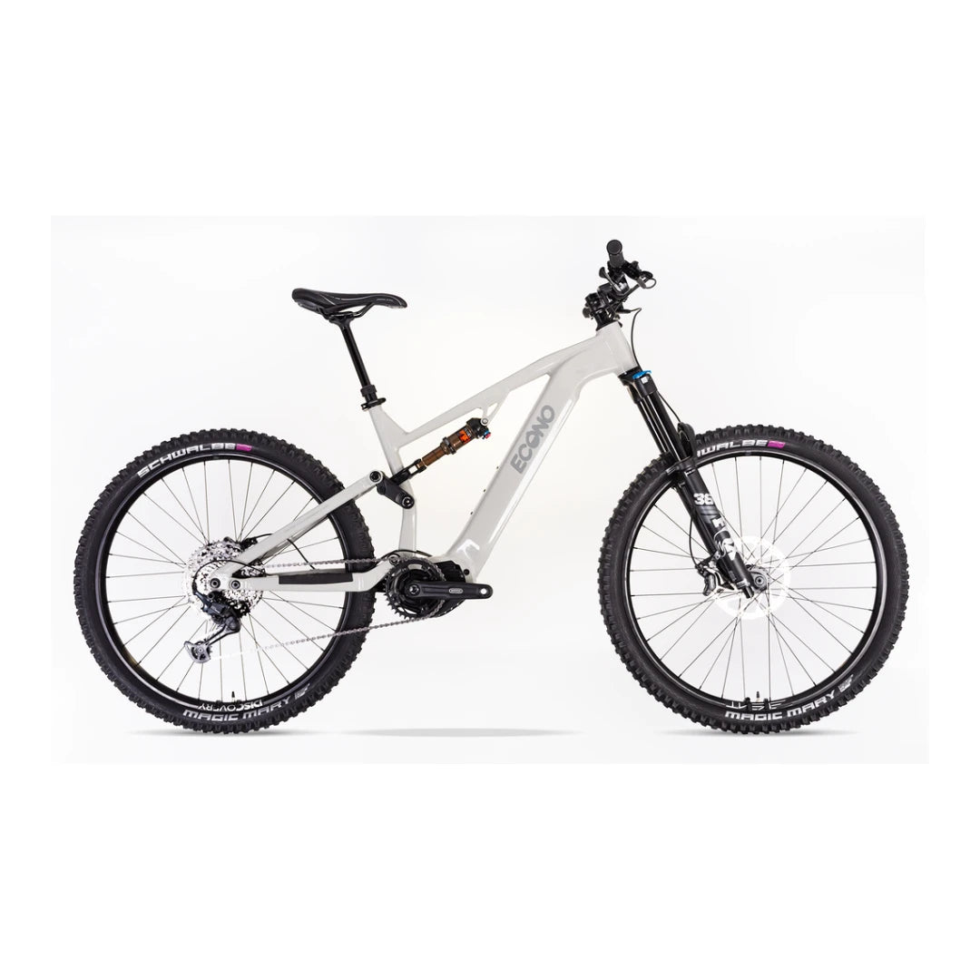 Mountain Electric Bike Econo Pantera C9 160, sleek gray frame, robust tires, quality suspension system.