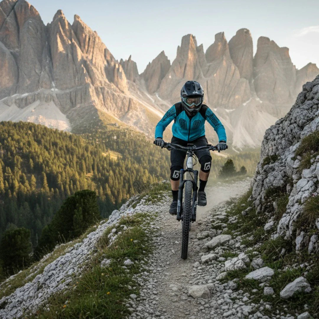 Izdelek je električno kolo, model Econo Pantera C8, ki ga odlikuje robustna zasnova za terensko vožnjo. Na sliki je vidna oseba, ki vozi kolo po gorski poti, obkrožena z naravno pokrajino, v ozadju so visoke gore, kar nakazuje na avanturističen in športen slog vožnje. Oseba nosi zaščitno čelado in športna oblačila, kar dodatno poudarja aktivnost v naravi.