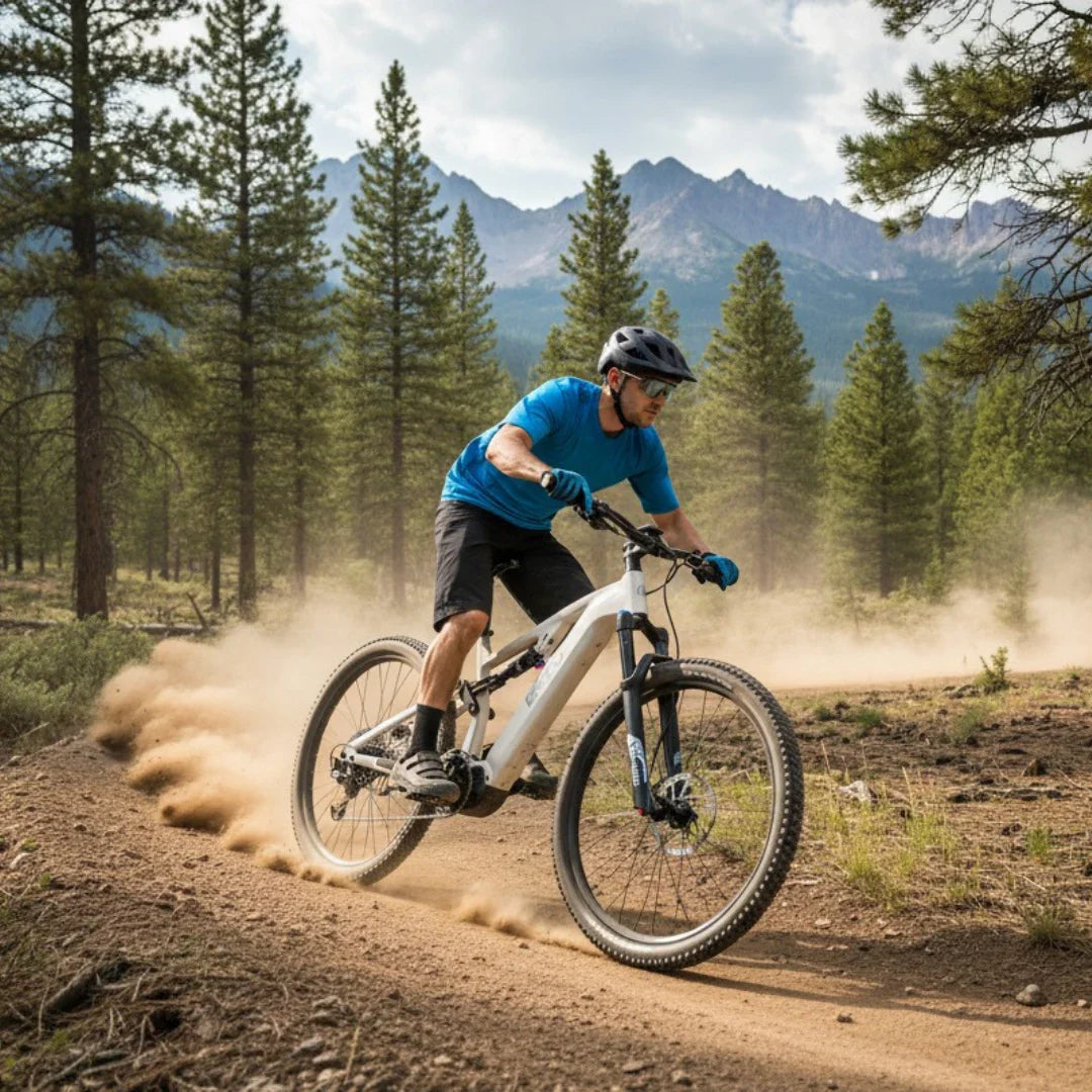 Na sliki je električno kolo, model Econo Pantera C8-140. Prikazuje kolesarja, ki se vozi po prašni gozdni poti, obdanem z drevesi in gorami v ozadju. Kolesar nosi čelado in športno obleko ter se zdi, da uživa v vožnji po naravi.