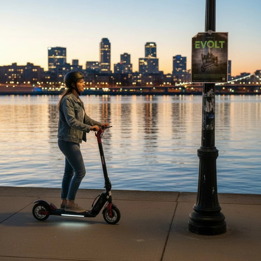 Na sliki je električni skiro, model Eco Speed Mini. Oseba na skiroju vozi ob reki, v ozadju pa so vidne mestne luči in zgradbe. Oseba nosi čelado in je oblečena v denim jakno, kar nakazuje na sproščen in aktiven način prevoza. Na drogovi je pritrjen plakat z napisom "EVOLT".