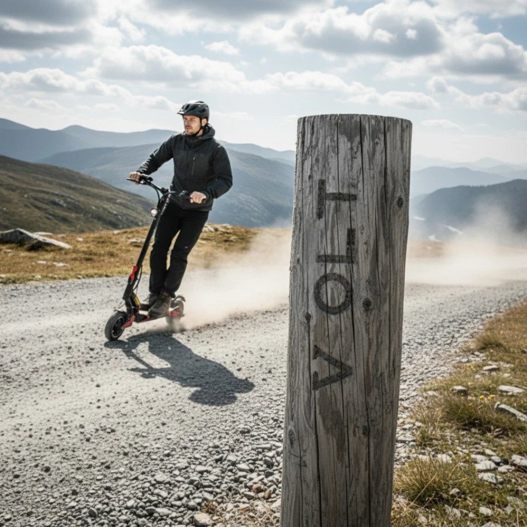 Na sliki je električni skiro, model Eco Speed 9. Zasnova skiroja je športna, uporabnik pa vozi po makadamski poti v naravi. Oblečen je v črno jakno in čelado, kar kaže na varnost pri vožnji. V ozadju so hribi in oblačno nebo, kar ustvarja dinamično in avanturistično vzdušje.
