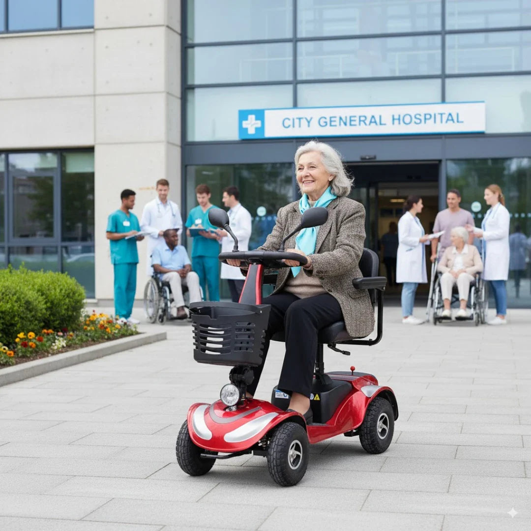 Izdelek na sliki je električni mobilni voziček, model Eco Speed Senior. Na sliki vidimo starejšo žensko, ki se vozi na rdečem vozičku pred bolnišnico. V ozadju so zdravstveni delavci in drugi pacienti, kar nakazuje, da je voziček primeren za uporabo v zdravstvenih ustanovah in za pomoč starejšim osebam pri premikanju.