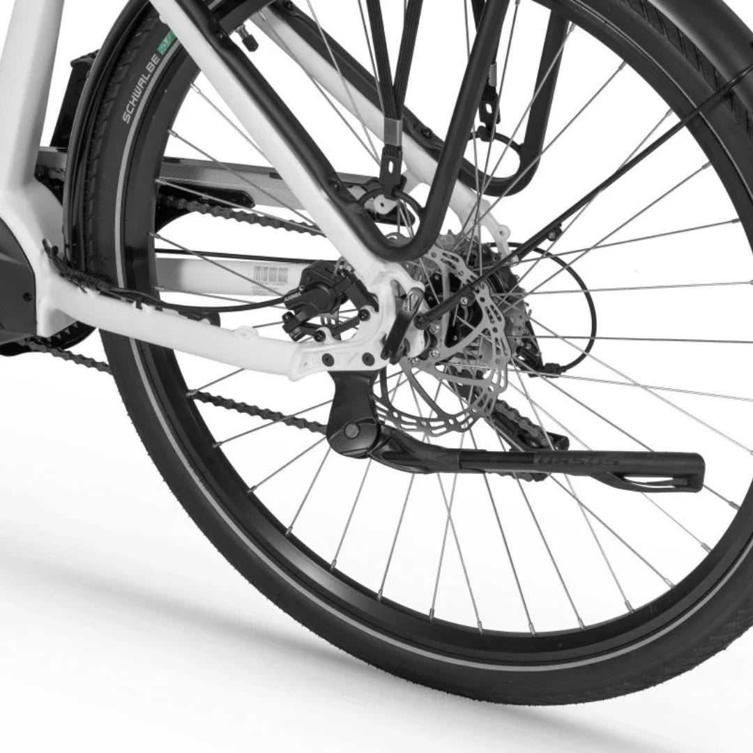 Izdelek je električno kolo, model Ecobike LX 100. Na sliki je prikazan del zadnjega kolesa, vključno z zavorami, verigo in pogonskim mehanizmom. Kolo ima sodobno zasnovo in je opremljeno z disk zavorami, kar zagotavlja učinkovito zaviranje. Vidna je tudi pnevmatika znamke Schwalbe, kar kaže na kakovostno izbiro komponent.