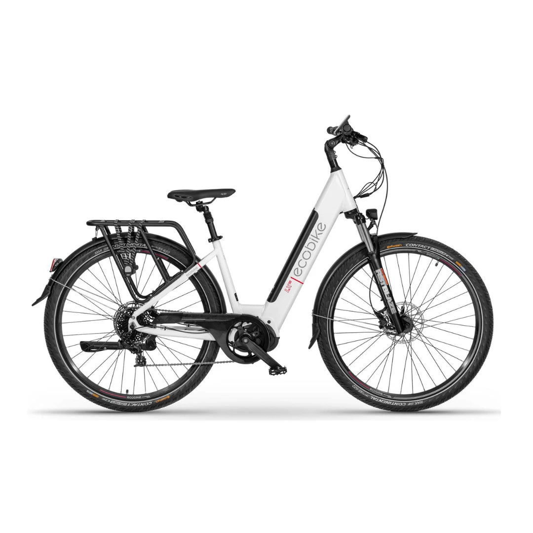 Electric Bike Ecobike Lx300 features a sleek white frame, low step-through design, strong tires, and a rear rack.