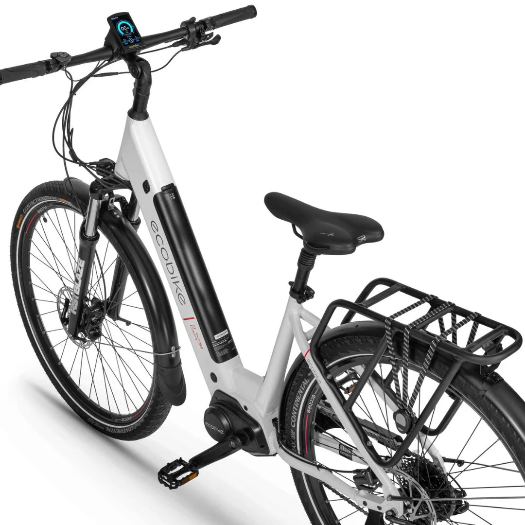 Electric Bike Ecobike Lx300 features a sleek design, front suspension, sturdy frame, and rear rack for hauling.