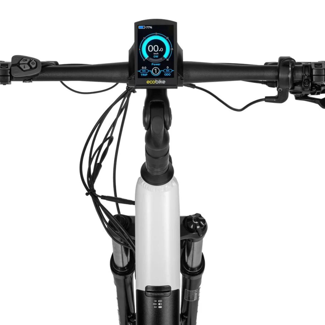 Electric Bike Ecobike Lx300, sleek handlebars with digital display for speed and power monitoring.