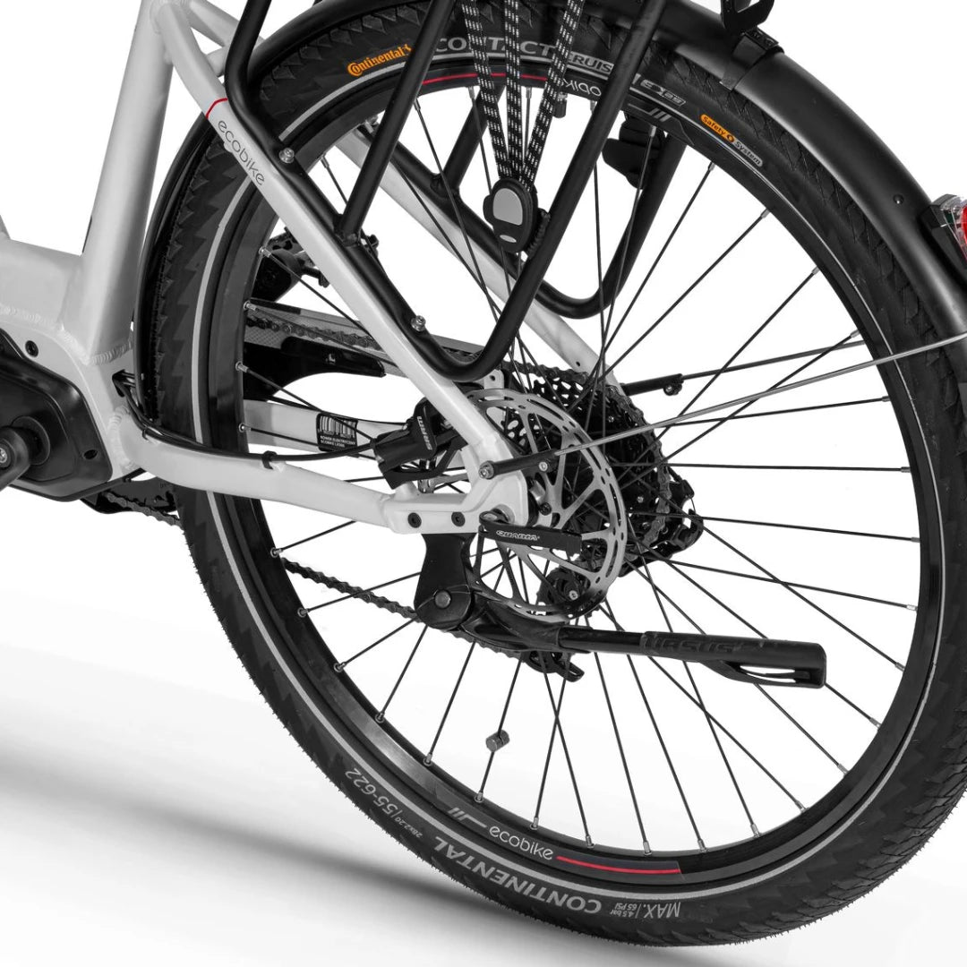 Electric Bike Ecobike Lx300, close-up of rear wheel, disc brake, chain, and Continental tires.