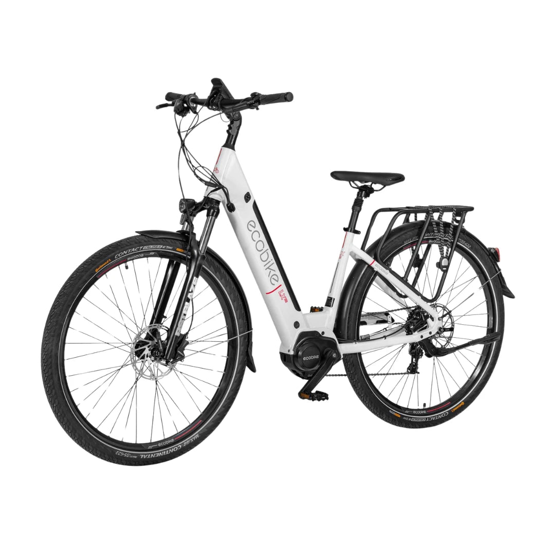 Electric Bike Ecobike Lx300 features a sleek design, low step-through frame, and a rear rack.