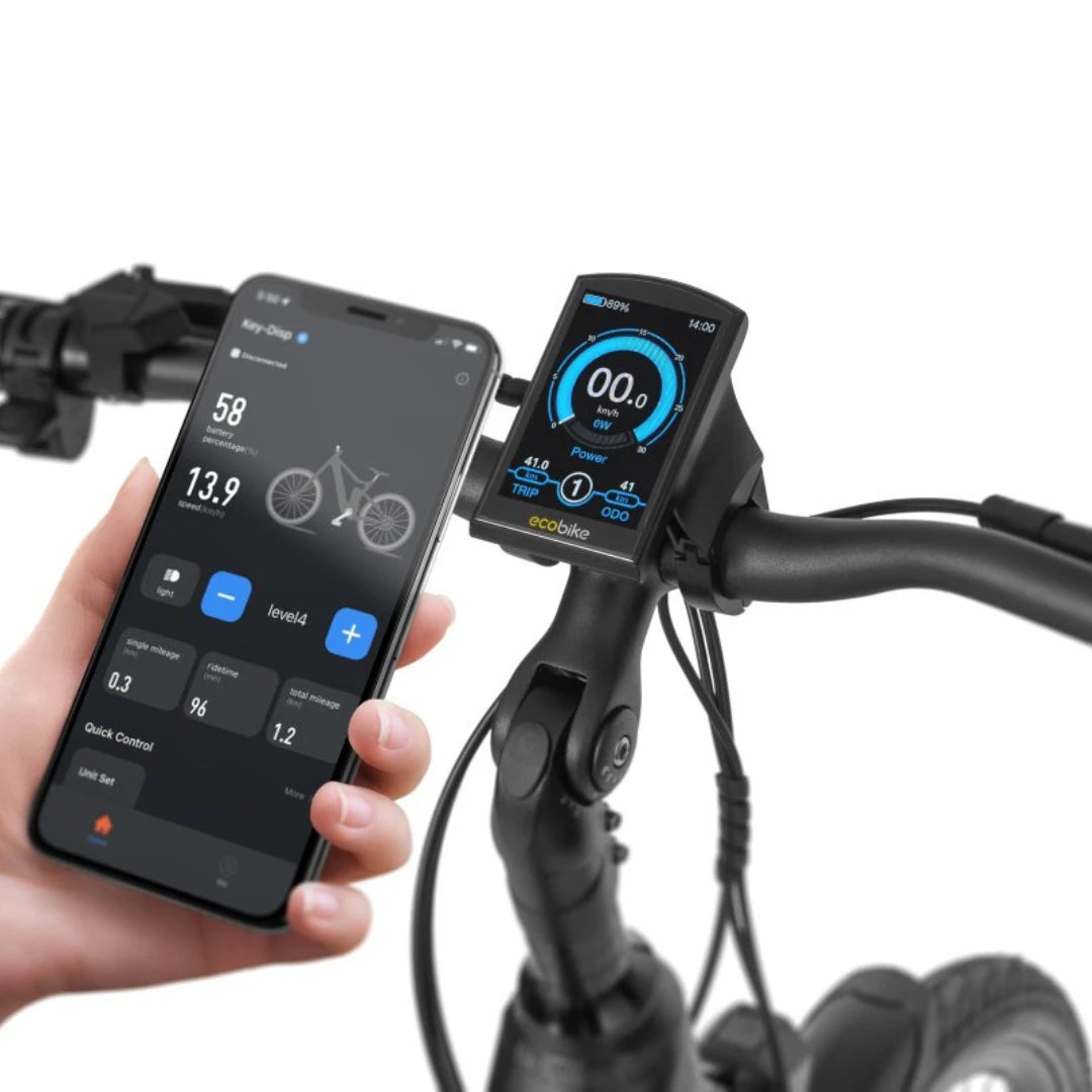 Electric Bike Ecobike Lx, features a digital display and smartphone app for monitoring performance.
