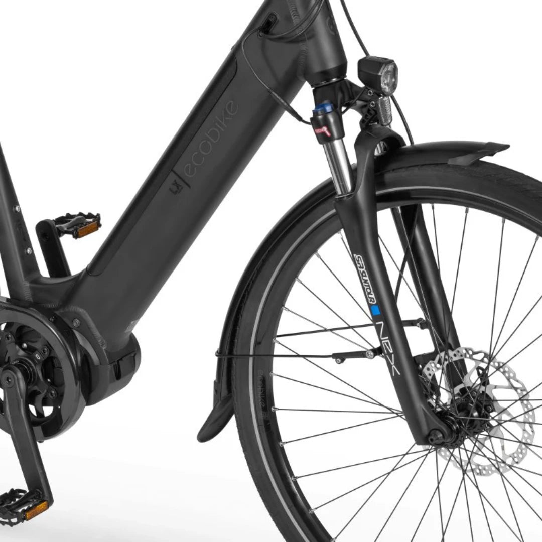 Electric Bike Ecobike Lx, sleek black design, powerful motor, front suspension, disc brakes for stability.