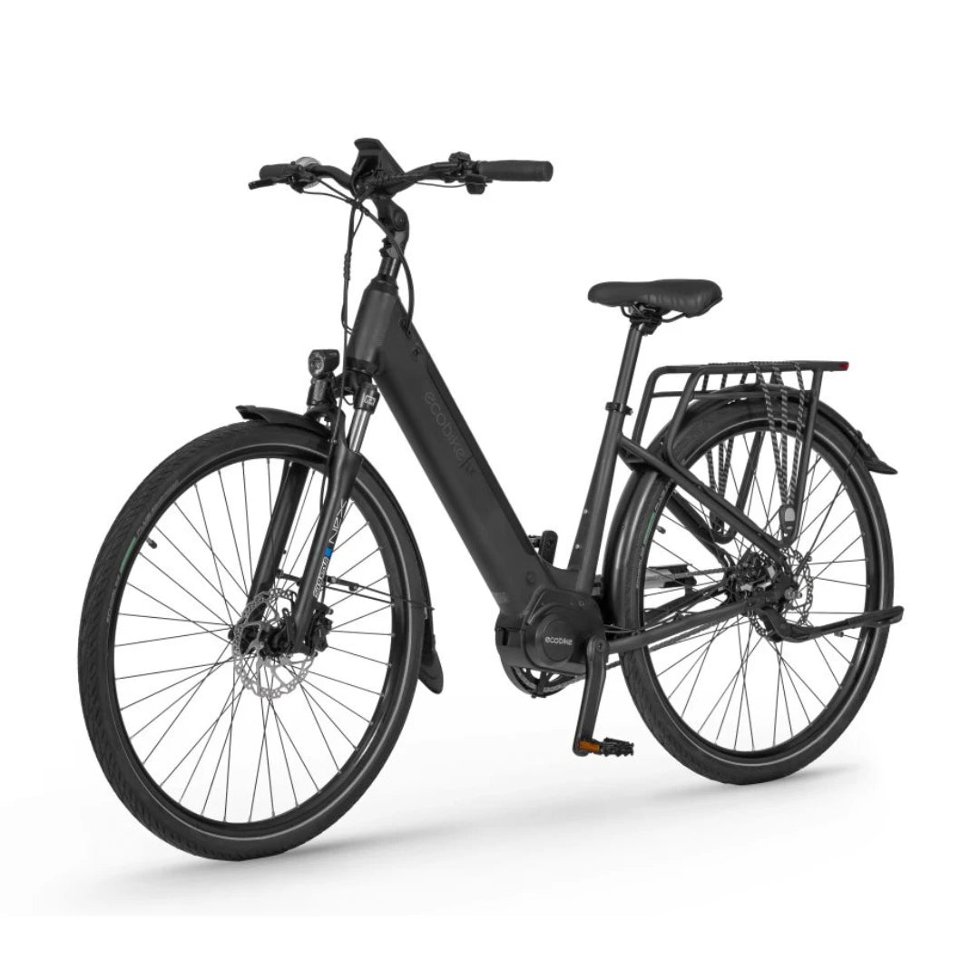 Electric Bike Ecobike Lx, sleek black design, durable frame, comfortable seat, front suspension, rear rack.