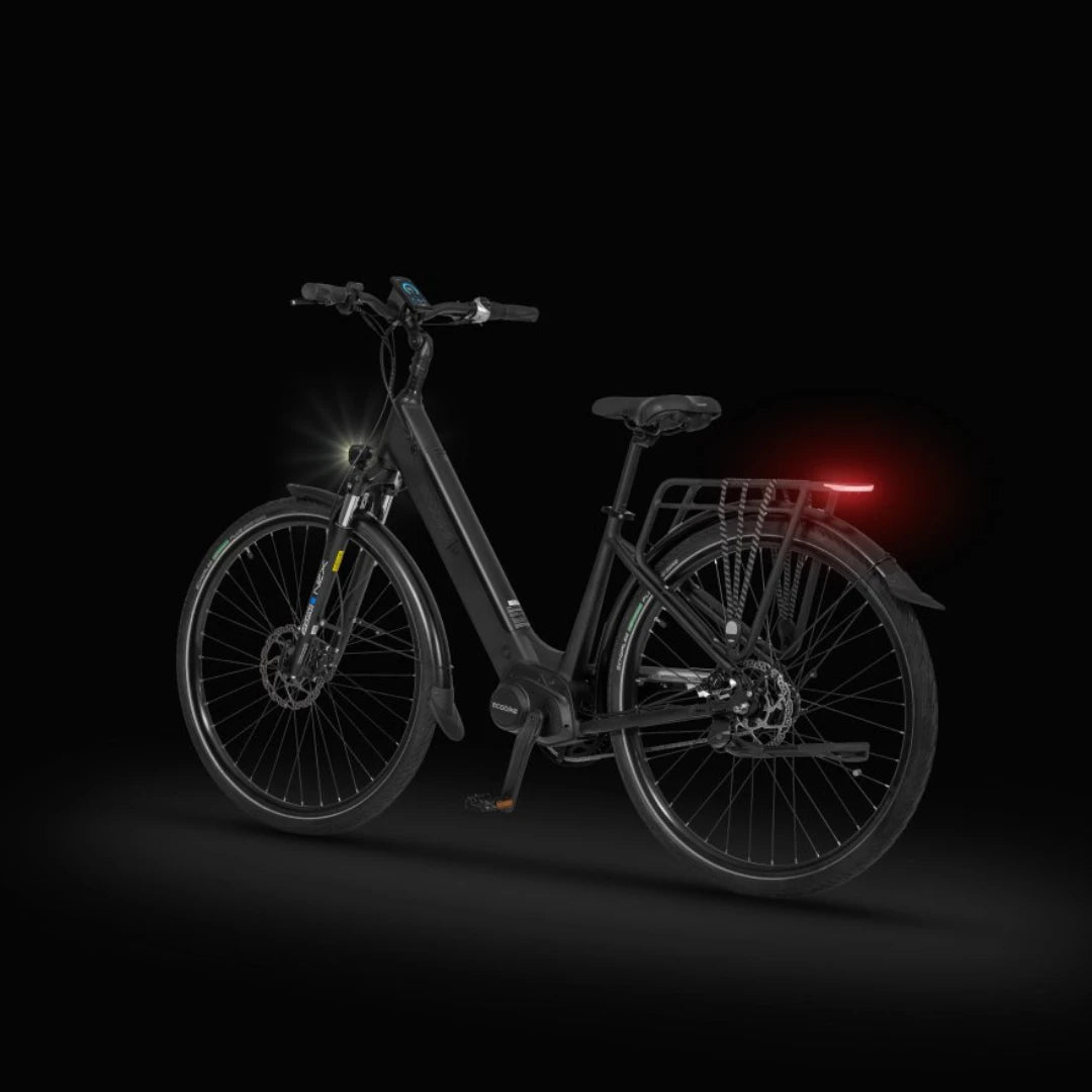 Electric Bike Ecobike Lx, sleek black design, front and rear lights, comfortable seat, modern features.