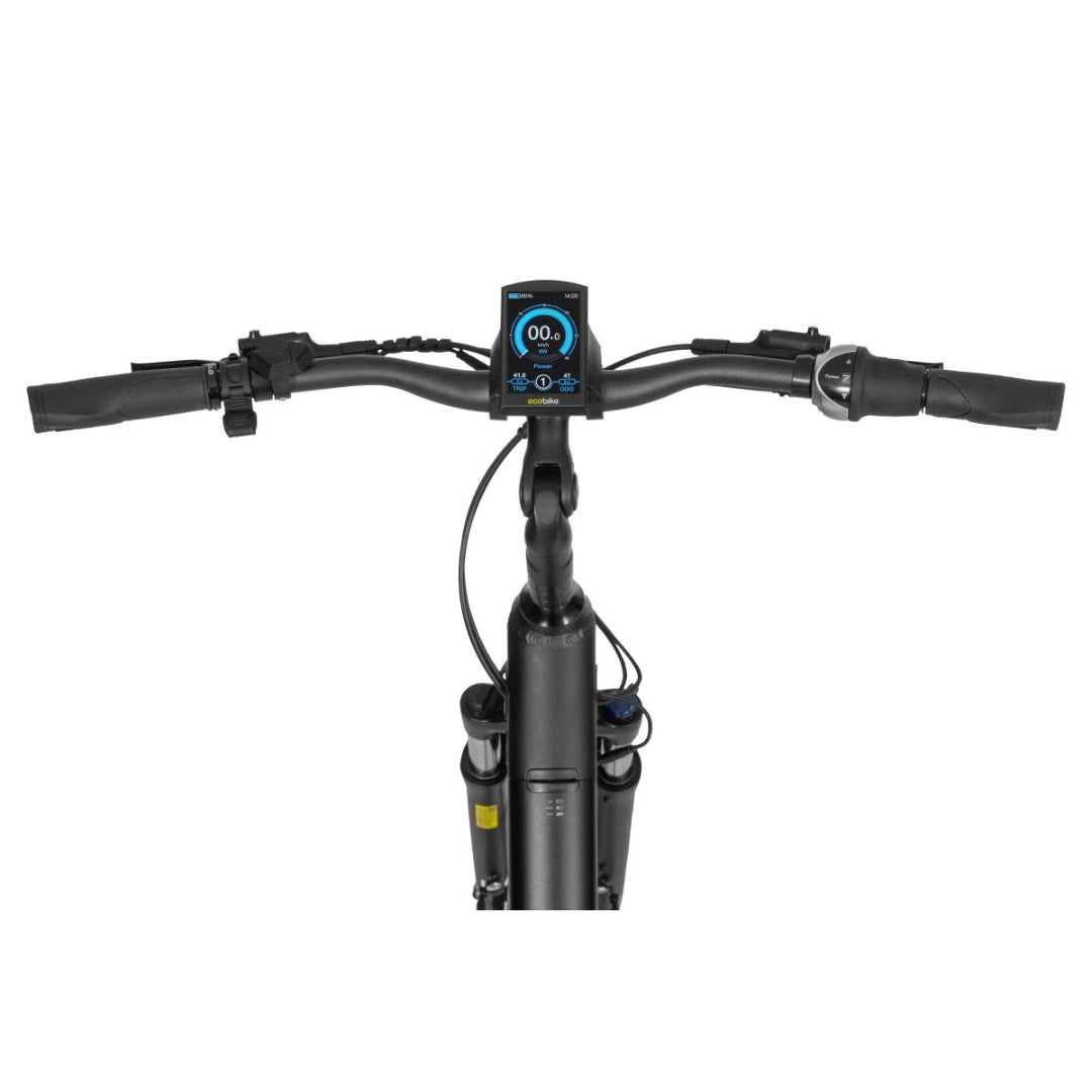 Electric Bike Ecobike Lx, sleek handlebar view featuring a digital display and control grips.