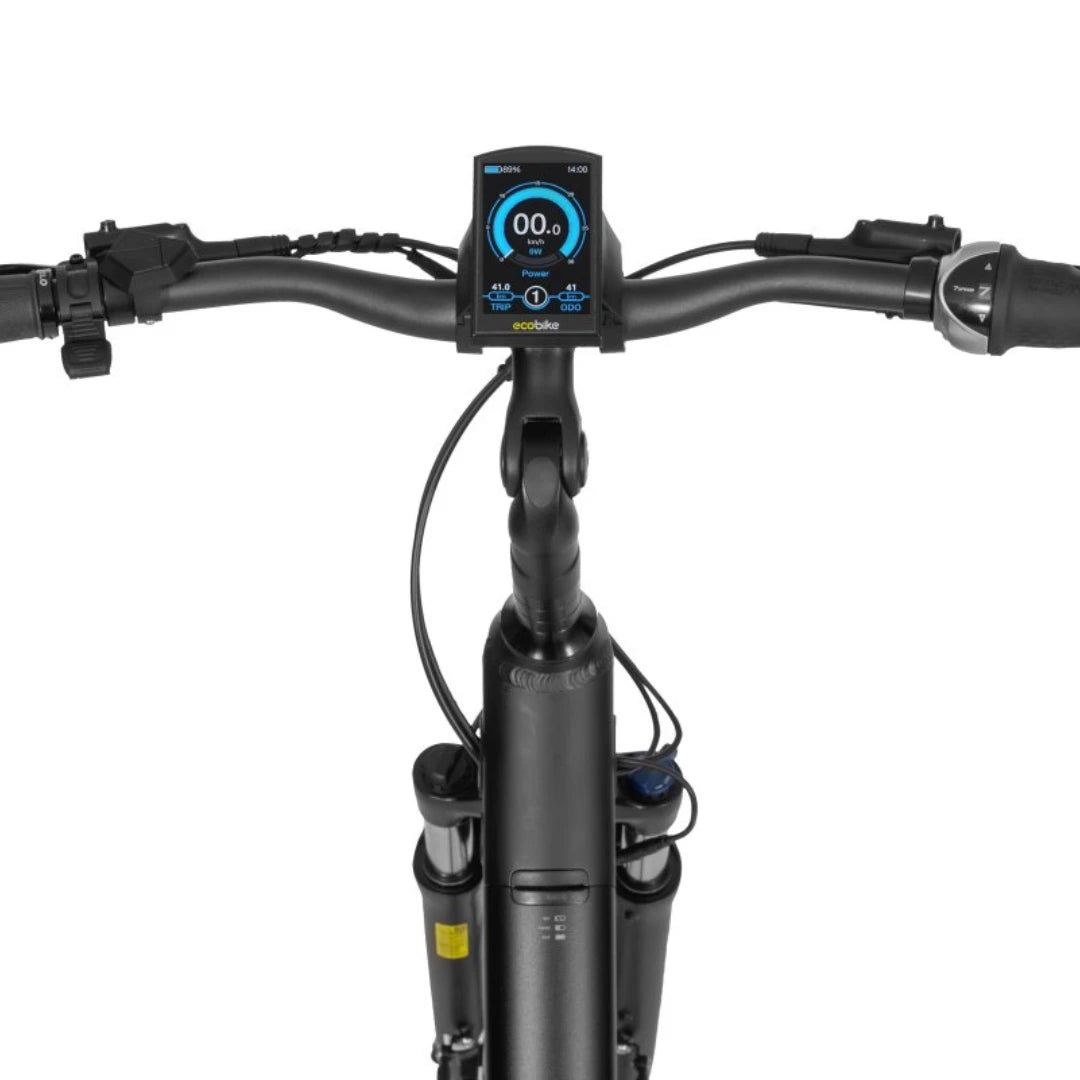 Electric Bike Ecobike Lx, sleek handlebars with a digital display showing speed and battery status.