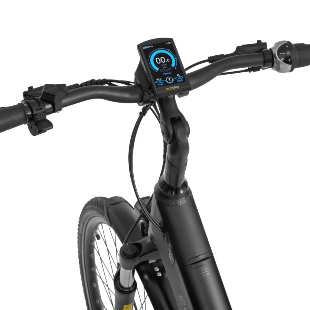 Electric Bike Ecobike Lx, sleek handlebars with digital display, featuring speed and power settings.
