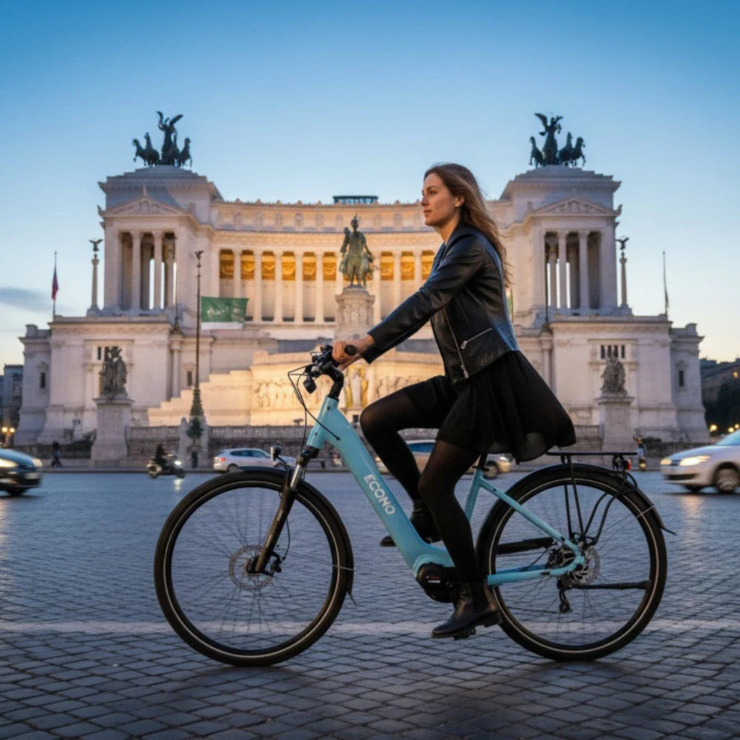 Izdelek na sliki je električno kolo znamke Econo, model Mare City EEC4LK. Na sliki vidimo žensko, ki vozi kolo po mestni ulici v večernem času, z zgodovinsko zgradbo v ozadju. Kolo ima svetlo modro barvo in je zasnovano za udobno mestno vožnjo.