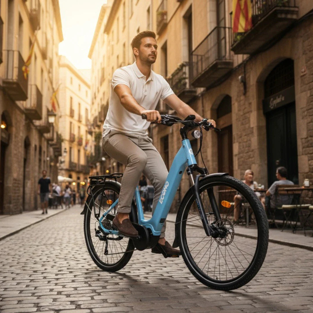 Na sliki je električno kolo znamke Econo, model Mare City EEC4LK. Kolo je svetlo modre barve in ima udoben okvir, kar omogoča enostavno vstopanje. Na sliki je moški, ki vozi kolo po slikoviti ulici s tlakovanjem, obdan z zgodovinskimi zgradbami in ljudmi, ki uživajo v okolici. Kolo je opremljeno z zadnjim prtljažnikom in ima dodatno opremo, kar ga naredi primernega za mestno vožnjo.