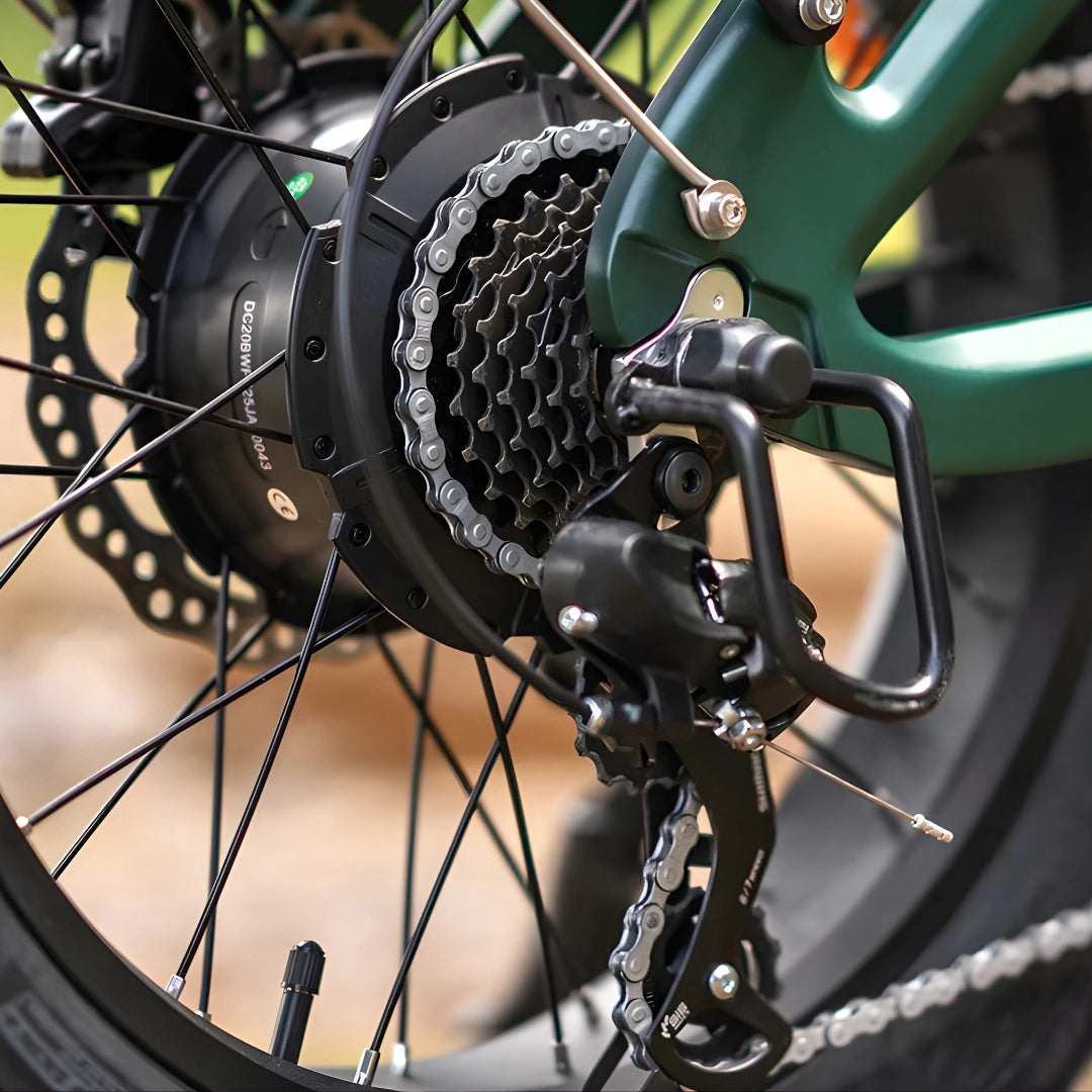 Na sliki je električno kolo, model Engwe EP-2 3.0 Boost. Vidna je zadnja stran kolesa, kjer so prikazani motor, verižnik in menjalnik. Kolo ima robustno zasnovo, kar nakazuje na njegovo zmogljivost in sposobnost vožnje po različnih terenih.