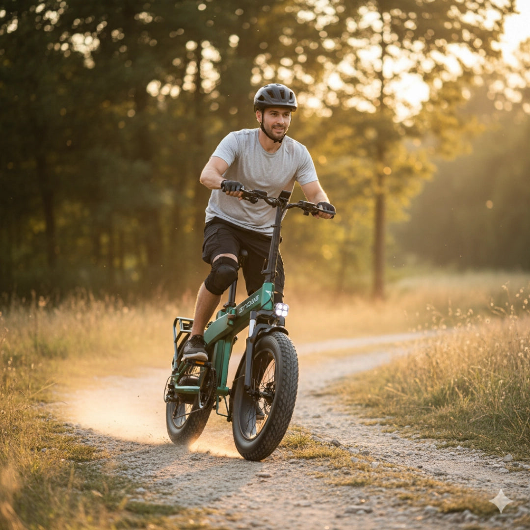 Na sliki je električno kolo znamke Engwe, model EP-2 3.0 Boost. Kolo je prikazano v naravnem okolju, kjer moški vozi po makadamski poti. Ima široke pnevmatike in je opremljeno z lučmi, kar nakazuje na njegovo prilagodljivost za različne terene. Moški nosi čelado in zaščitna kolena, kar kaže na varno vožnjo.