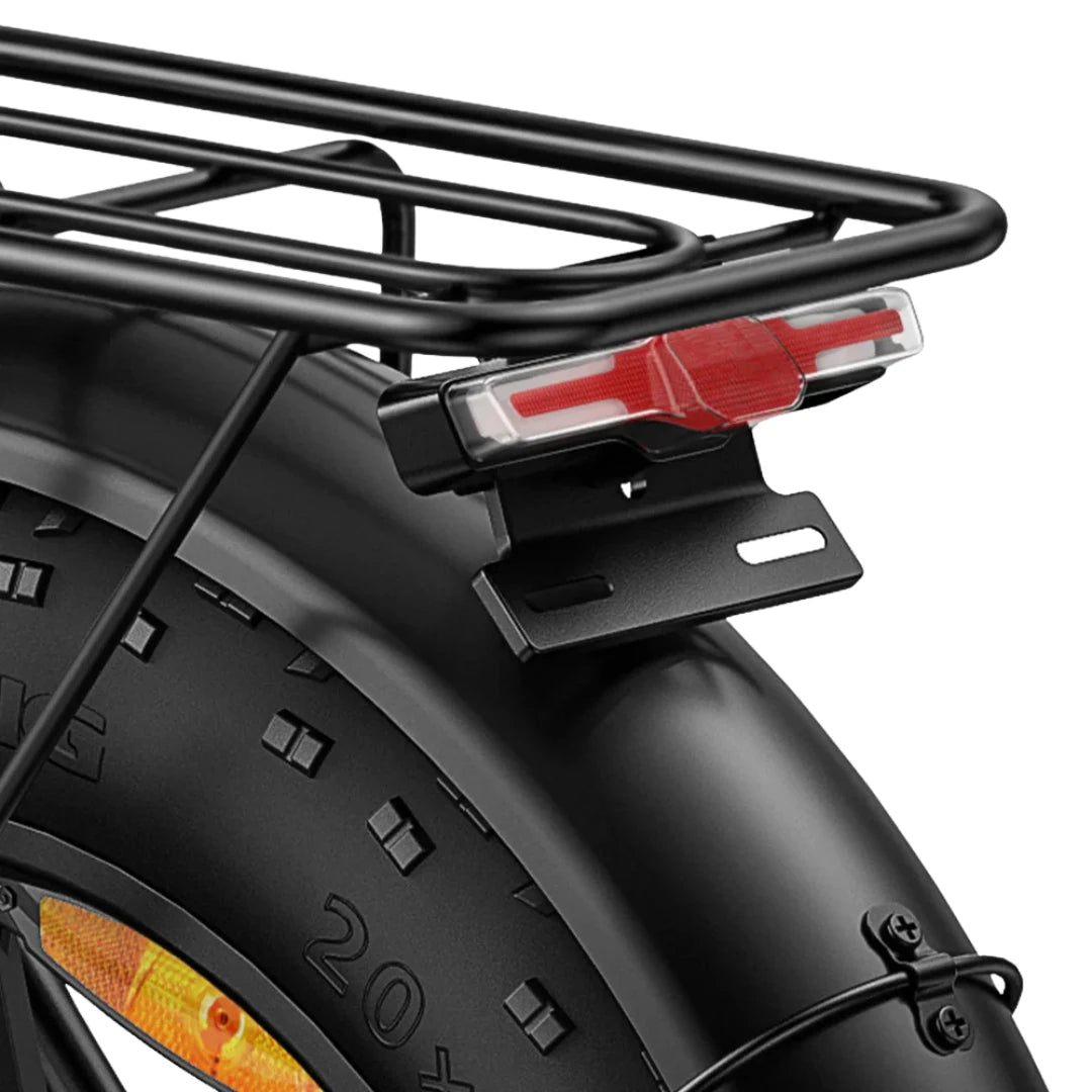 Electric Bike Engwe Ep 2 Boost, black rear wheel with sturdy rack and integrated red tail light.