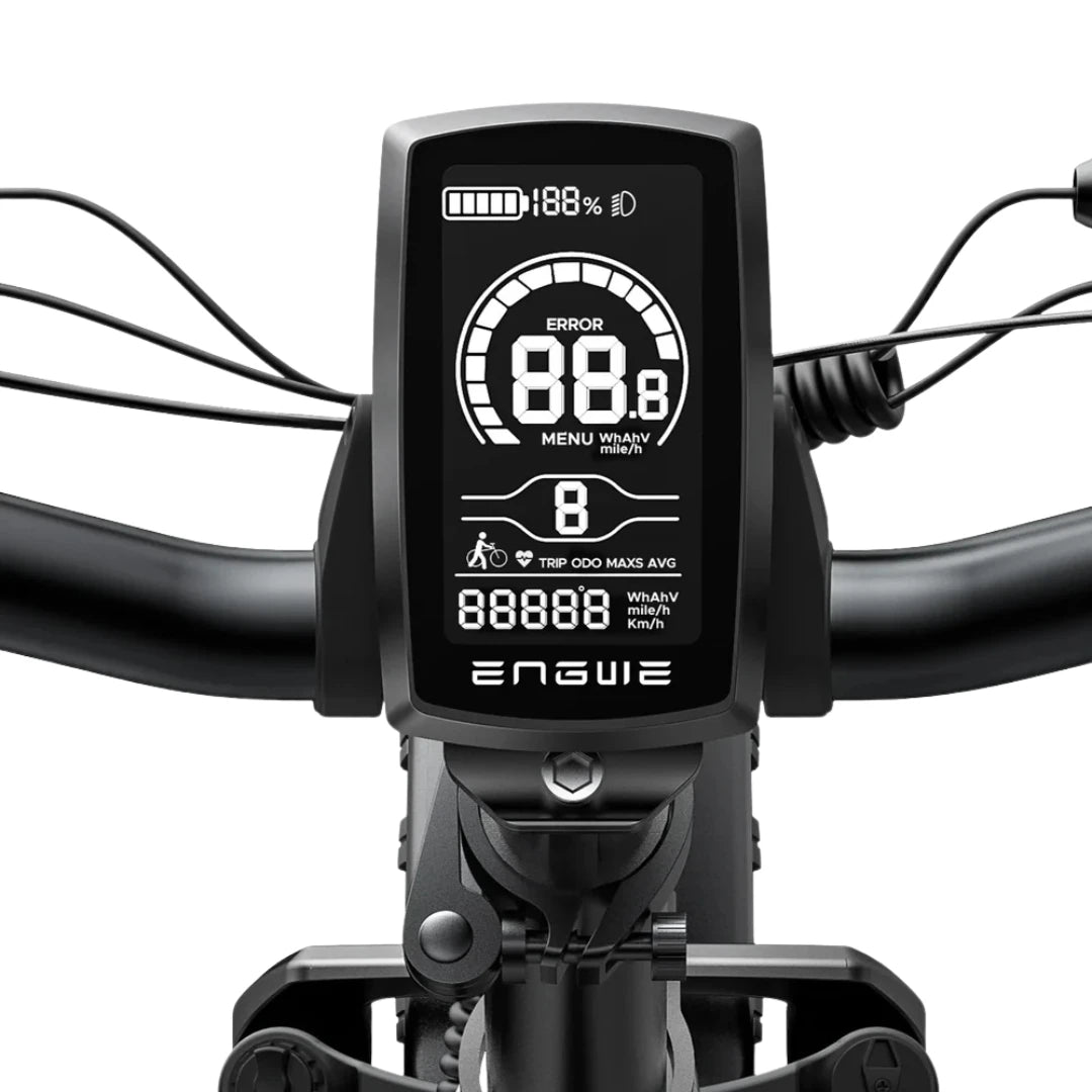 Electric Bike Engwe Ep 2 Boost, digital display showing speed, battery level, and trip metrics.